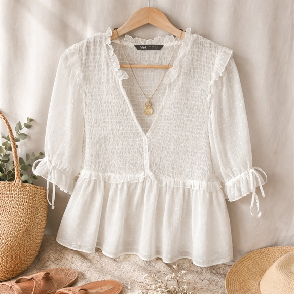 Zara Tops - Zara White Smocked Peplum Blouse Small Boho Ruffle Sheer Top Feminine Romantic